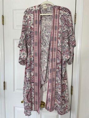 Knox Rose Paisley Open Front Kimono/Cover Up with Lace-Up/Tied Back Detail, sz M
